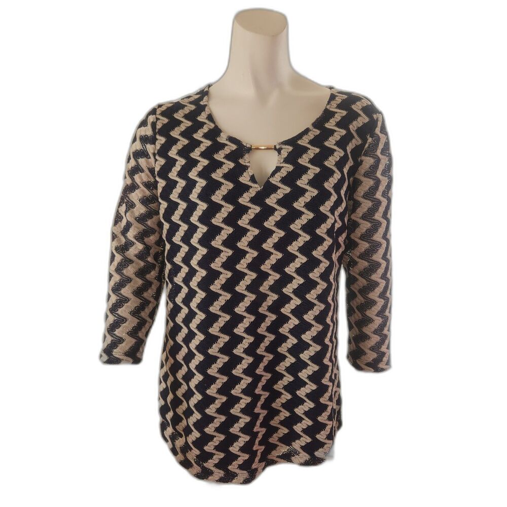 JM Collection Black And Grey Zig Zag Pattern Blouse Top Womens Size Medium